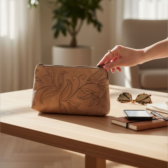 Frye Handbags - Frye Hadley Floral Embroidered Genuine Leather Wristlet Clutch Taupe